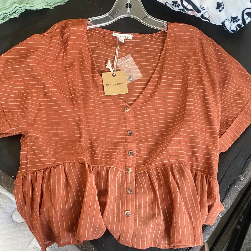 Blu Pepper Women's Striped Rust Blouse